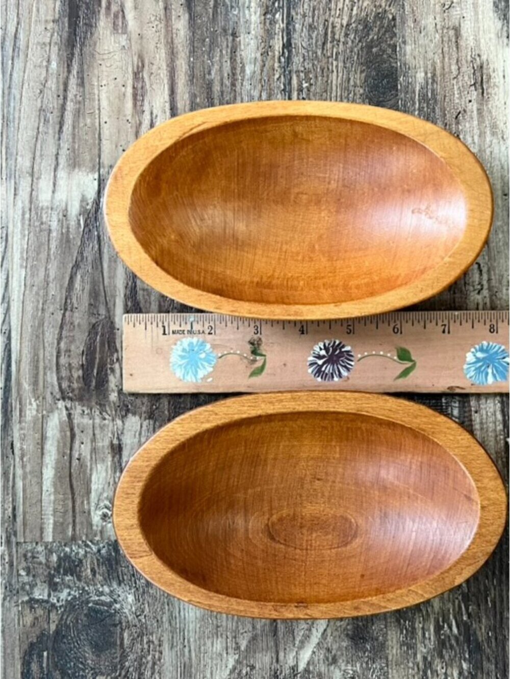 Hand Turned Wooden Bowls Set of 2 Mid Century Style Oval Wood Catchall Dishes